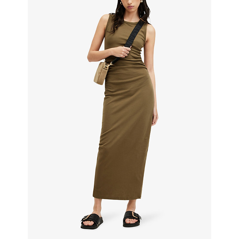 Shop Allsaints Women's Olive Green Katarina Side-ruched Slim-fit Cotton Maxi Dress