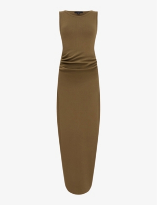 Shop Allsaints Katarina Side-ruched Slim-fit Cotton Maxi Dress In Olive Green