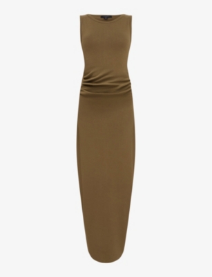Allsaints Womens Olive Green Katarina Side-ruched Slim-fit Cotton Maxi Dress In Olive Green