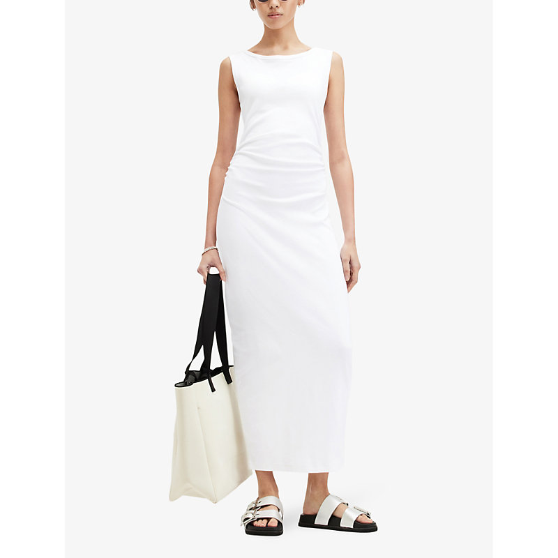 Shop Allsaints Katarina Side-ruched Slim-fit Cotton Maxi Dress In Optic White