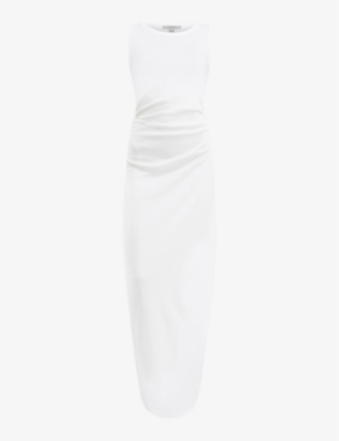Allsaints Womens Optic White Katarina Side-ruched Slim-fit Cotton Maxi Dress In Optic White