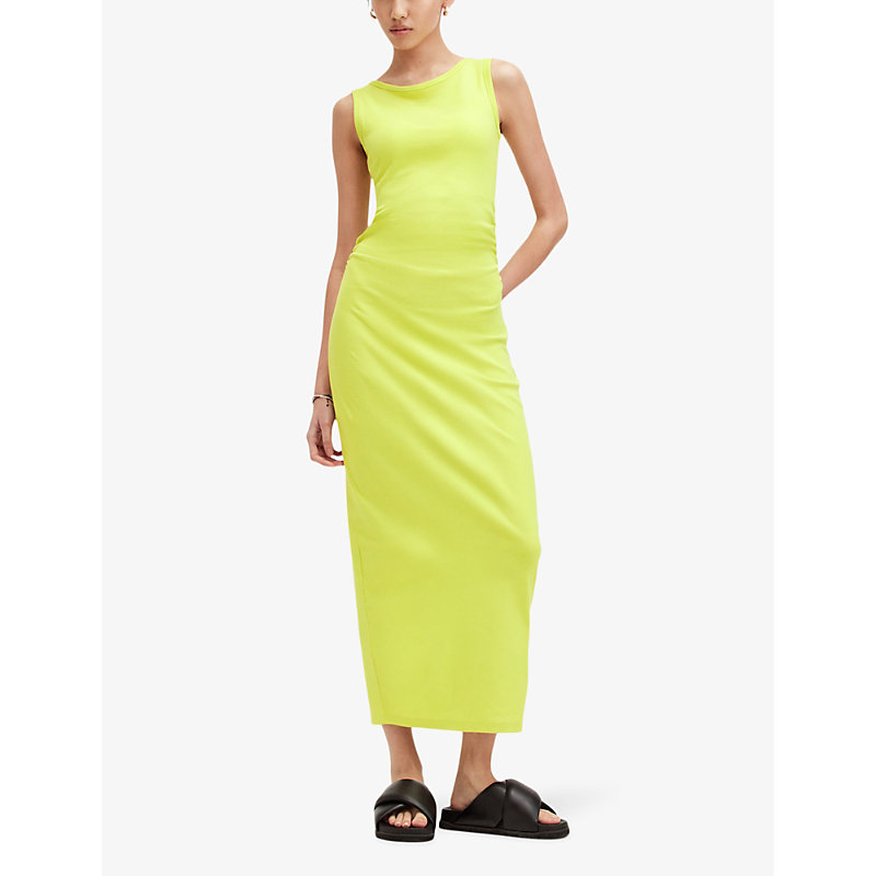 Shop Allsaints Katarina Side-ruched Slim-fit Cotton Maxi Dress In Zest Lime Gree