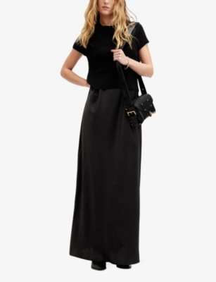 Shop Allsaints Womens Black Hayes Knitted-top Satin Maxi Dress