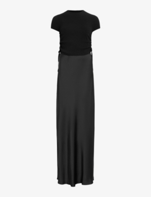Shop Allsaints Womens Black Hayes Knitted-top Satin Maxi Dress