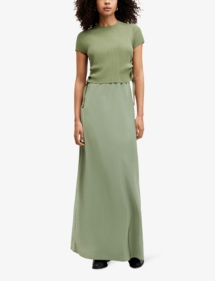 Shop Allsaints Women's Oil Green Hayes Knitted-top Satin Maxi Dress