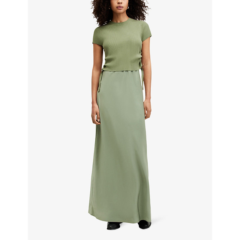 Shop Allsaints Women's Oil Green Hayes Knitted-top Satin Maxi Dress