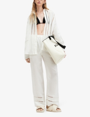 Shop Allsaints Jade Embroidered-stripe Relaxed-fit Linen Shirt In Ecru White