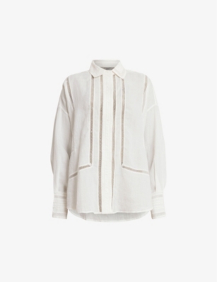 Shop Allsaints Women's Ecru White Jade Embroidered-stripe Relaxed-fit Linen Shirt