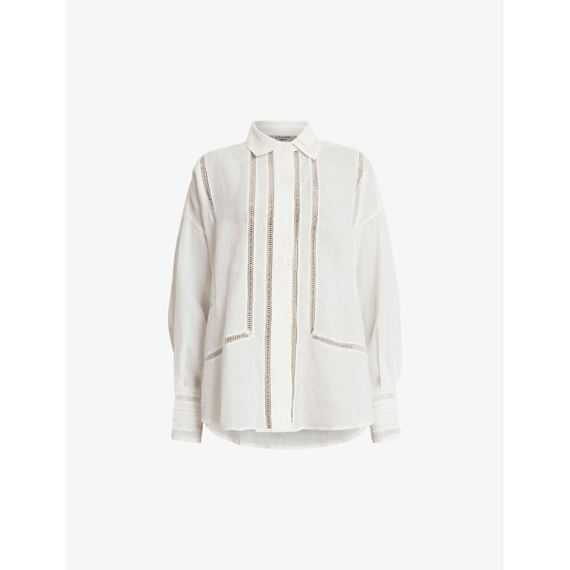 Shop Allsaints Jade Embroidered-stripe Relaxed-fit Linen Shirt In Ecru White