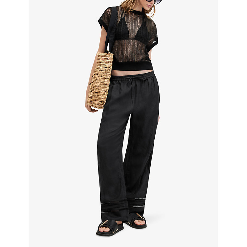 Shop Allsaints Womens Black Jade Stripe-embroidered High-rise Linen Trousers