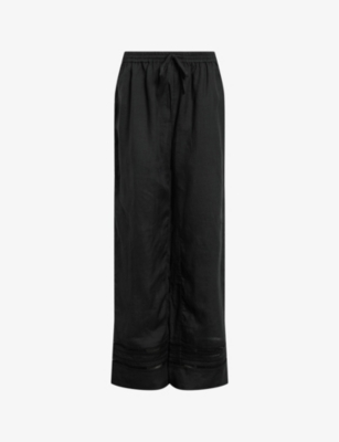 Shop Allsaints Women's Black Jade Stripe-embroidered High-rise Linen Trousers