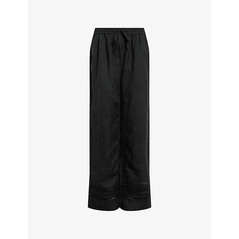 Shop Allsaints Womens Black Jade Stripe-embroidered High-rise Linen Trousers