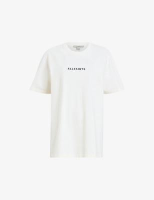 Shop Allsaints Women's Ashen White Tour Logo-print Relaxed-fit Organic-cotton T-shirt