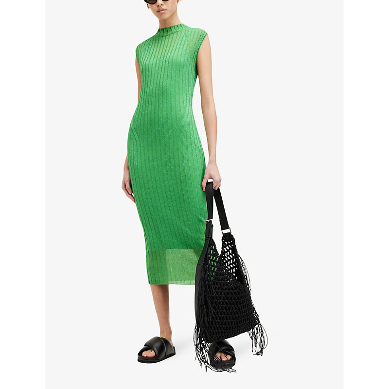Shop Allsaints Patrice Slim-fit High-neck Knitted Midi Dress In Bright Green