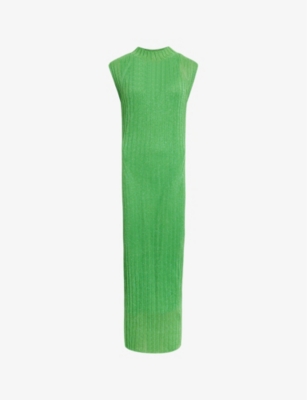 Shop Allsaints Women's Bright Green Patrice Slim-fit High-neck Knitted Midi Dress