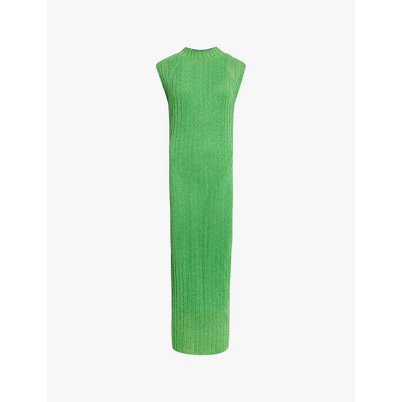 Shop Allsaints Women's Bright Green Patrice Slim-fit High-neck Knitted Midi Dress