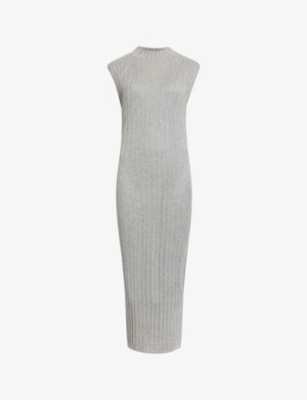 Shop Allsaints Women's Silver Patrice Slim-fit High-neck Knitted Midi Dress
