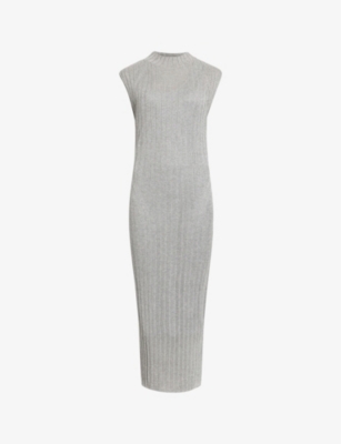 Allsaints Patrice 2-in-1 Ribbed Midi Dress In Silver