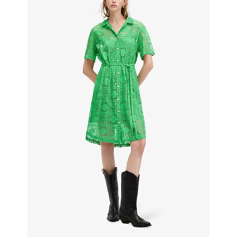 Shop Allsaints Women's Spectra Green Athea Belted-waist Regular-fit Crochet Mini Dress