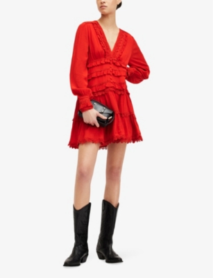 Shop Allsaints Womens Red Zora V-neck Smocked-back Woven Mini Dress