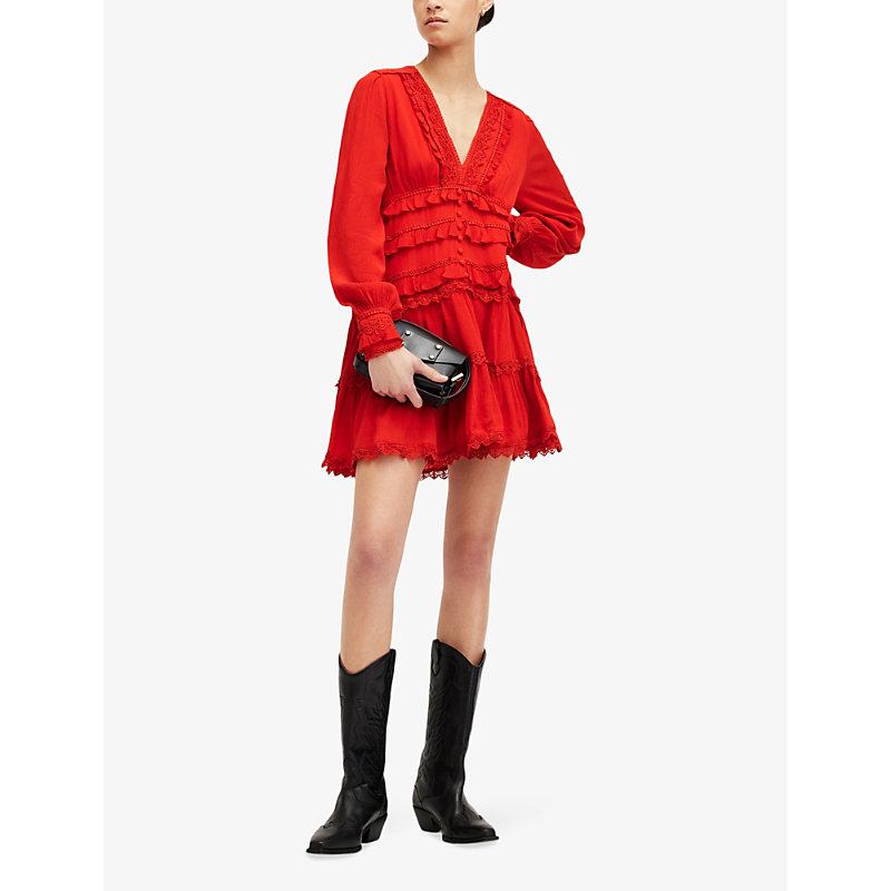 Shop Allsaints Womens Red Zora V-neck Smocked-back Woven Mini Dress