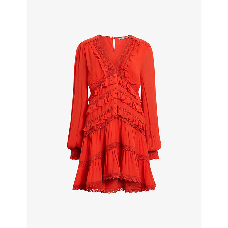 Shop Allsaints Zora V-neck Smocked-back Woven Mini Dress In Red