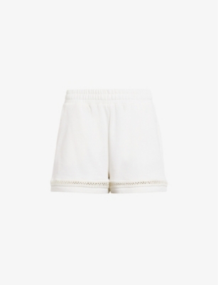 Shop Allsaints Women's Chalk White Ewelina Lila Ladder-trim High-rise Organic-cotton Shorts