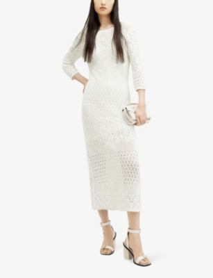 Shop Allsaints Women's Chalk White Briar Slim-fit Lace-embroidered Organic-cotton Midi Dress
