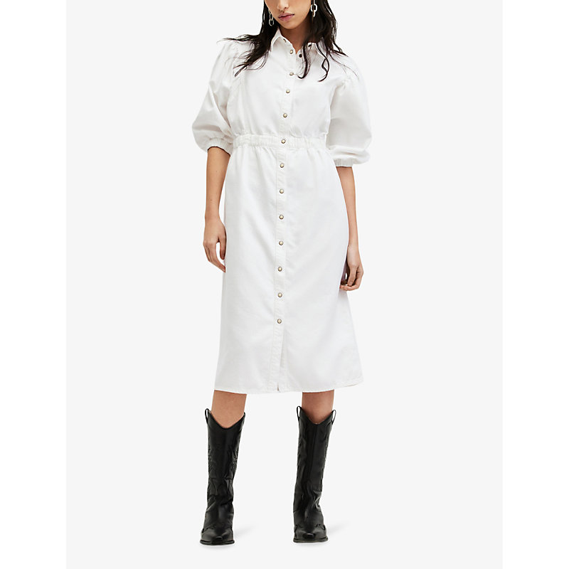 Shop Allsaints Osa Puff-sleeve Elasticated-waist Denim Midi Dress In Chalk White