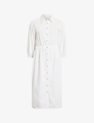 Shop Allsaints Women's Chalk White Osa Puff-sleeve Elasticated-waist Denim Midi Dress