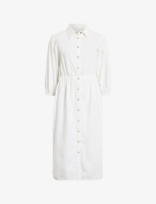 Allsaints Womens Chalk White Osa Puff-sleeve Elasticated-waist Denim Midi Dress In Chalk White