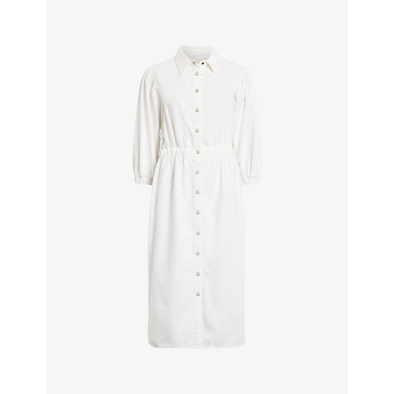 Shop Allsaints Womens Chalk White Osa Puff-sleeve Elasticated-waist Denim Midi Dress