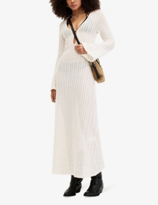 Shop Allsaints Women's Chalk White Karma Cut-out Long-sleeve Knitted Maxi Dress