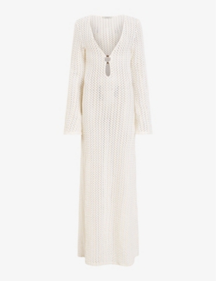 Shop Allsaints Womens Chalk White Karma Cut-out Long-sleeve Knitted Maxi Dress