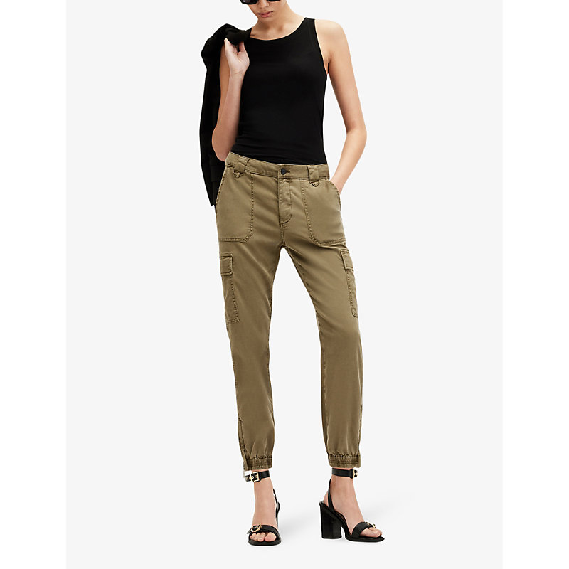 Shop Allsaints Women's Dark Khaki Gre Nola Patch-pocket High-rise Stretch-cotton Cargo Trousers