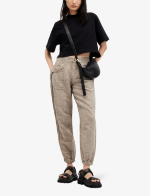 Shop Allsaints Women's Taupe Brown Val Patch-pocket Tapered-leg Linen-blend Trousers