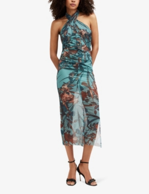 Shop Allsaints Kaih Batu Graphic-print Tie-neck Stretch-mesh Midi Dress In Lagoon Blue