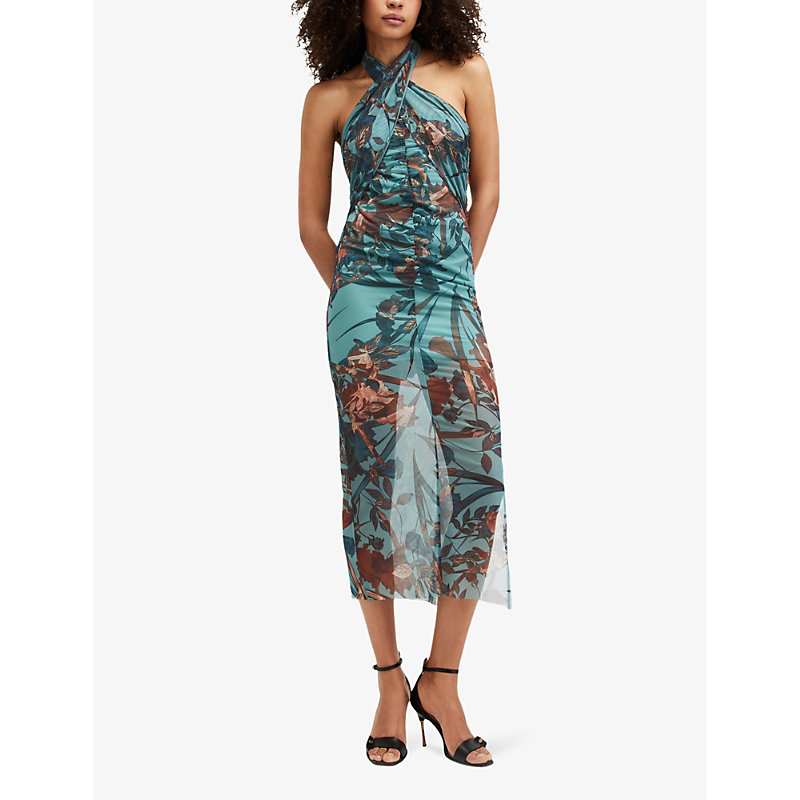 Shop Allsaints Women's Lagoon Blue Kaih Batu Graphic-print Tie-neck Stretch-mesh Midi Dress