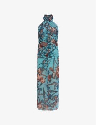 ALLSAINTS: Kaih Batu graphic-print tie-neck stretch-mesh midi dress
