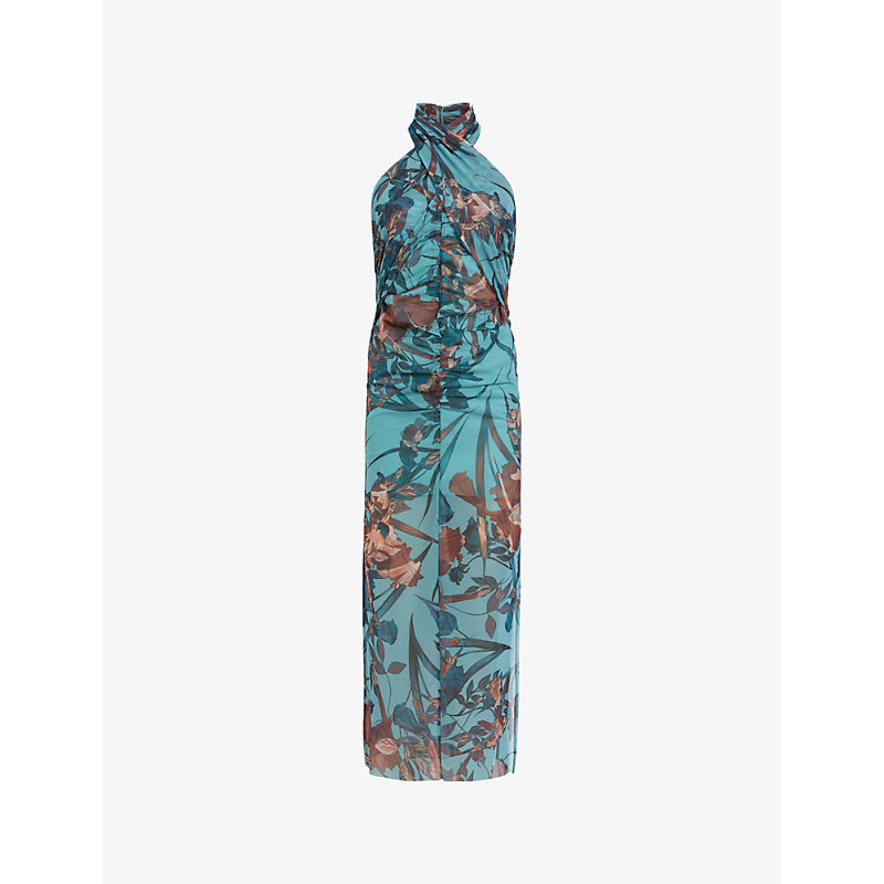 Allsaints Womens Lagoon Blue Kaih Batu Graphic-print Tie-neck Stretch-mesh Midi Dress