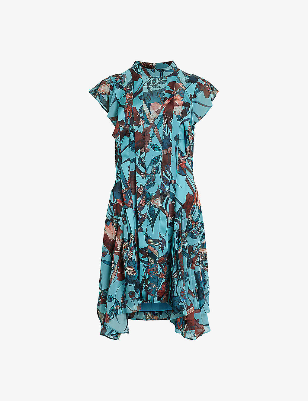 Shop Allsaints Womens Lagoon Blue Fleur Floral-print Cap-sleeve Recycled-polyester Mini Dress