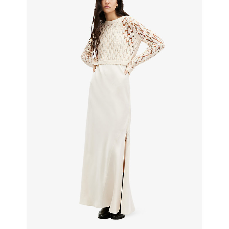 Shop Allsaints Women's Cream White Erin Two-in-one Crochet-jumper Organic-cotton Maxi Dress