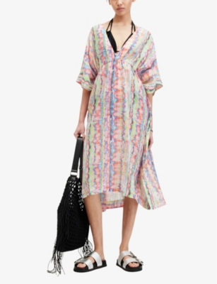 Shop Allsaints Women's Rainbow Multi Lina Melissa Rainbow-print Organic-cotton Midi Dress
