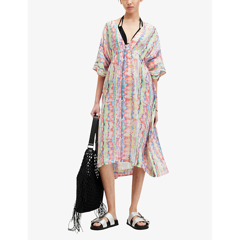 Shop Allsaints Lina Melissa Rainbow-print Organic-cotton Midi Dress In Rainbow Multi