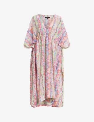 Allsaints Womens Rainbow Multi Lina Melissa Rainbow-print Organic-cotton Midi Dress