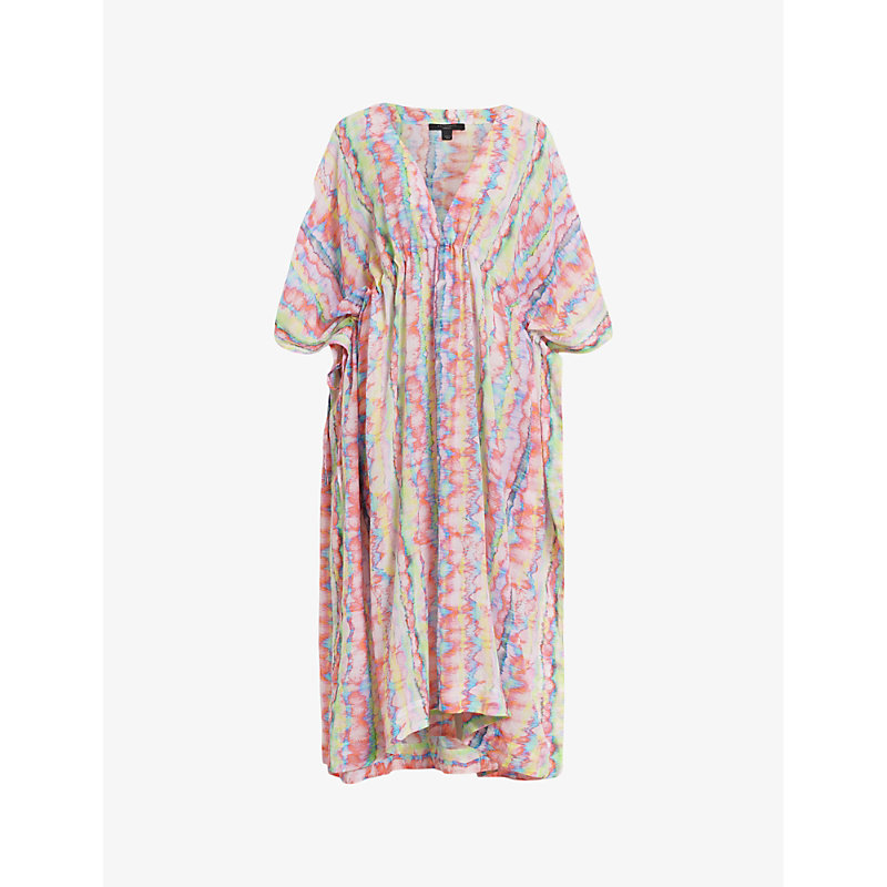 Allsaints Womens Rainbow Multi Lina Melissa Rainbow-print Organic-cotton Midi Dress