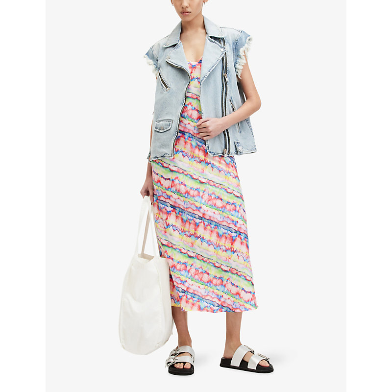 Shop Allsaints Bryony Melissa Graphic-print V-neck Recycled-polyester Maxi Dress In Rainbow Multi