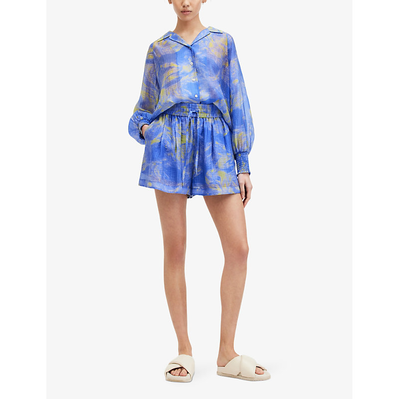 Shop Allsaints Womens Electric Blue Isla Graphic-print High-rise Woven Shorts