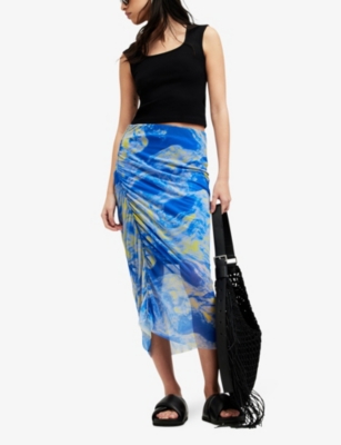 Shop Allsaints Women's Electric Blue Nora Graphic-print High-rise Stretch-woven Midi Dress