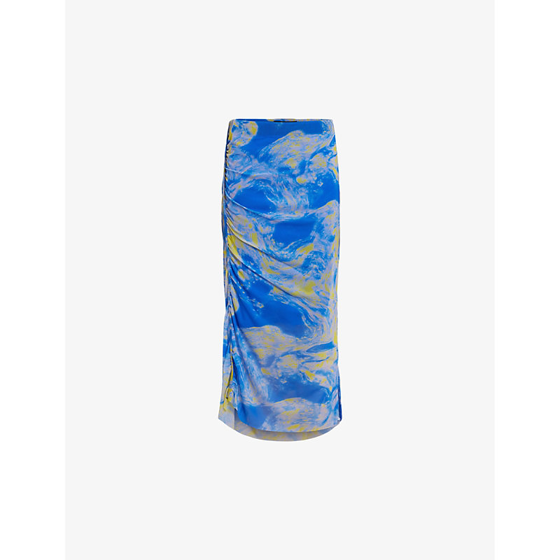 Allsaints Womens Electric Blue Nora Graphic-print High-rise Stretch-woven Midi Dress